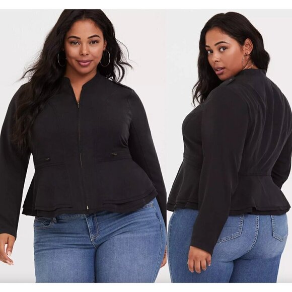 TORRID 4 Plus Size Black Peplum Jacket Solid Black Full Zip Lightweight Spring - Picture 1 of 16